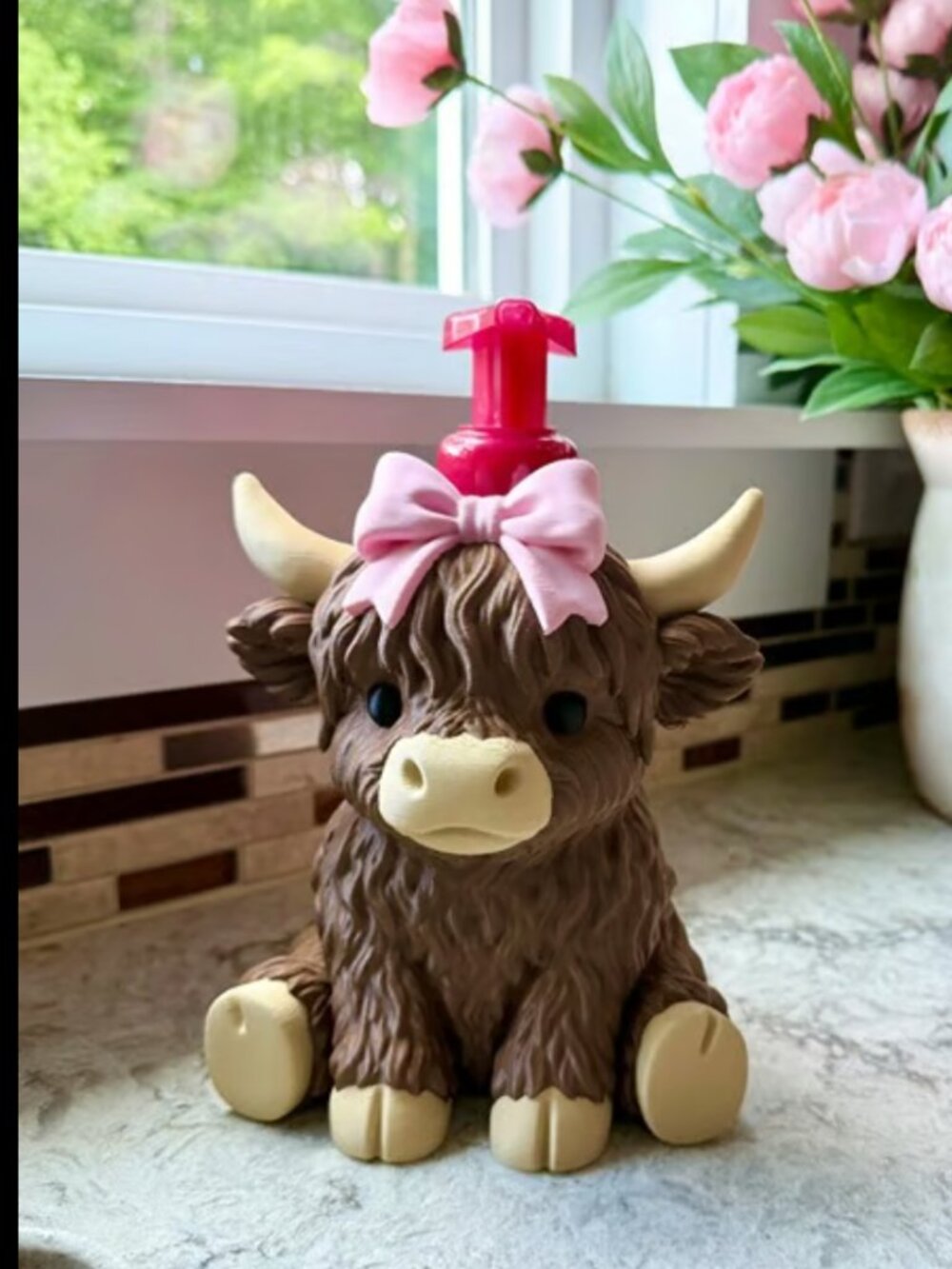 3D Printed Highland Cow Soap Dispenser with Pink Bow